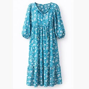 Miduo Teal Blue Floral Tiered Maxi Dress XL Puff Sleeve Boho Cottagecore Tie Nec